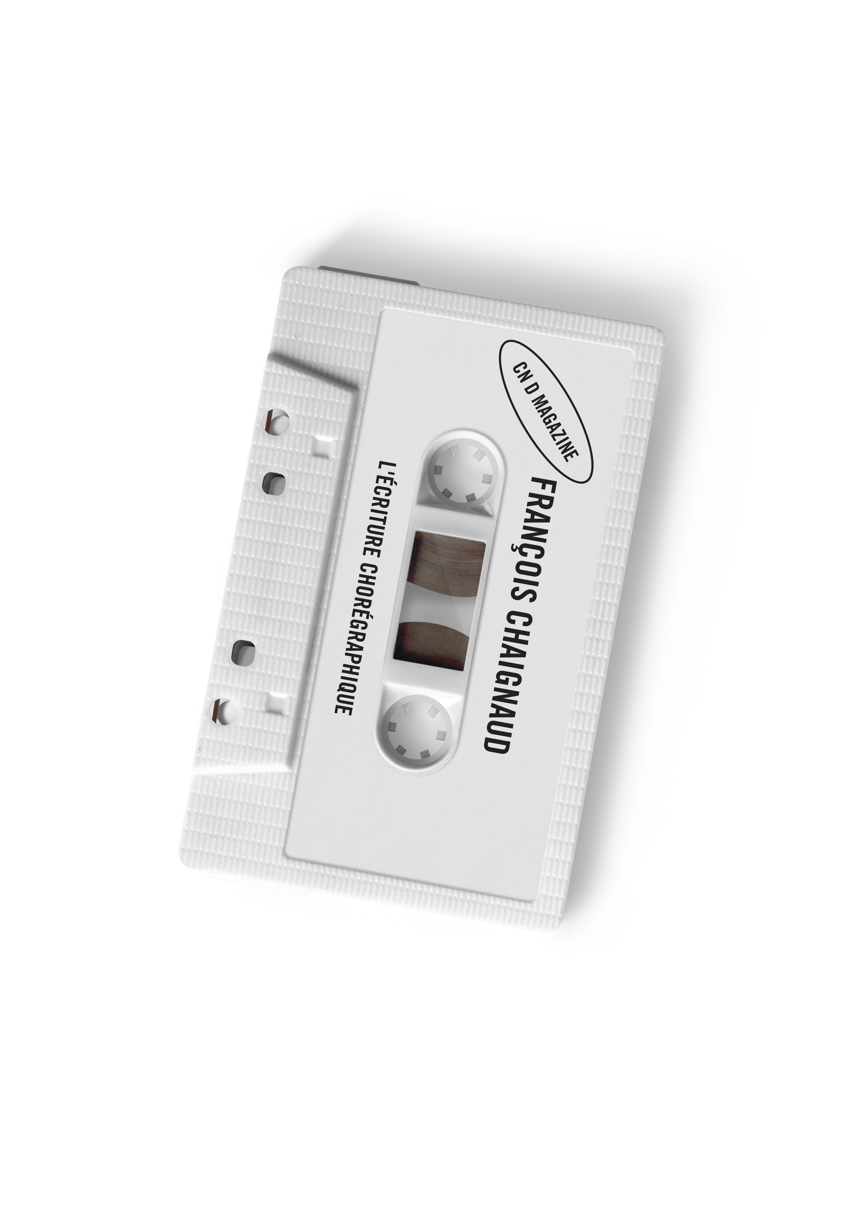 A white audio cassette with the name of François Chaignaud