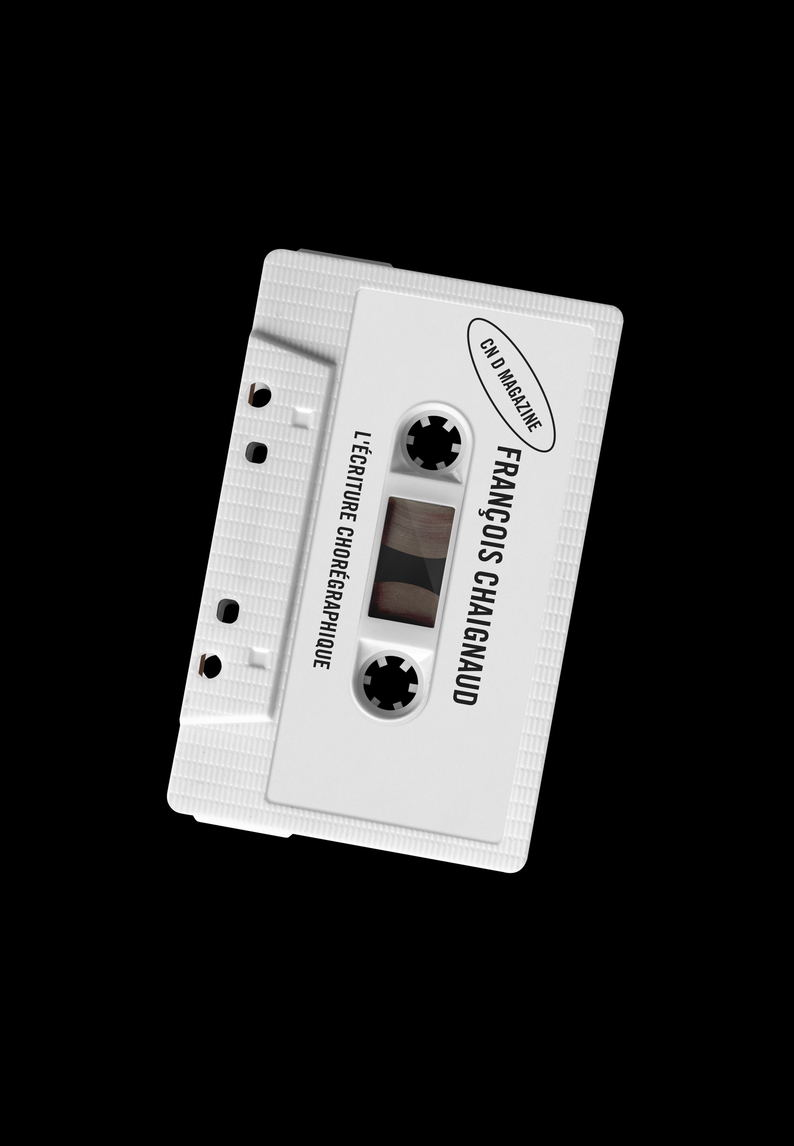 A white audio cassette on a black background with the name of François Chaignaud