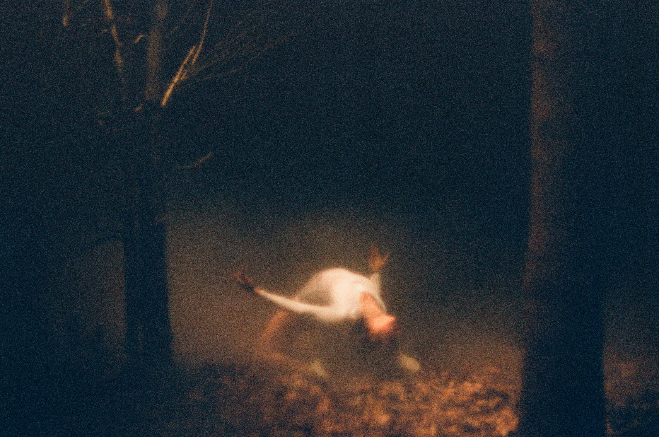 Dancer bent over, chest up, on a floor of leaves, surrounded by trees
