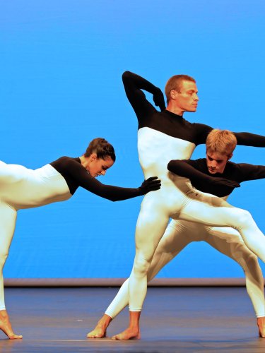 Trois danseurs en justaucorps longs noirs et blancs, devant un fond bleu. Extrait de Beach Birds.