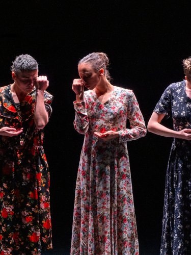 Three women in dresses, standing with hands on their faces