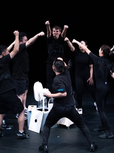 groupe de danseurs vêtues de noir sur scène, plusieurs levant les poings