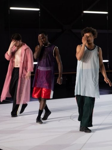 4 danseurs sur scène en ligne sur un sol blanc