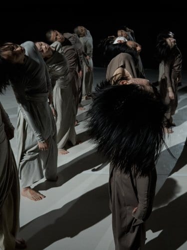groupe de danseurs en ligne, debout, tête penchée, en costume camaïeu gris