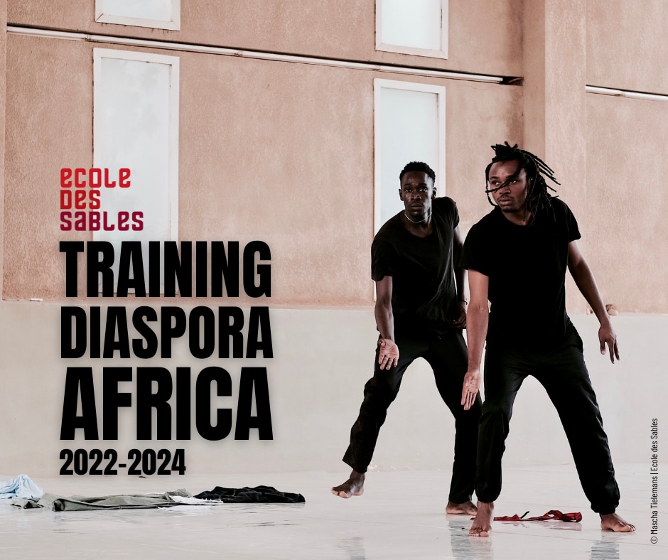 Two dancers, standing, torso slightly rotated with one arm extended towards the ground