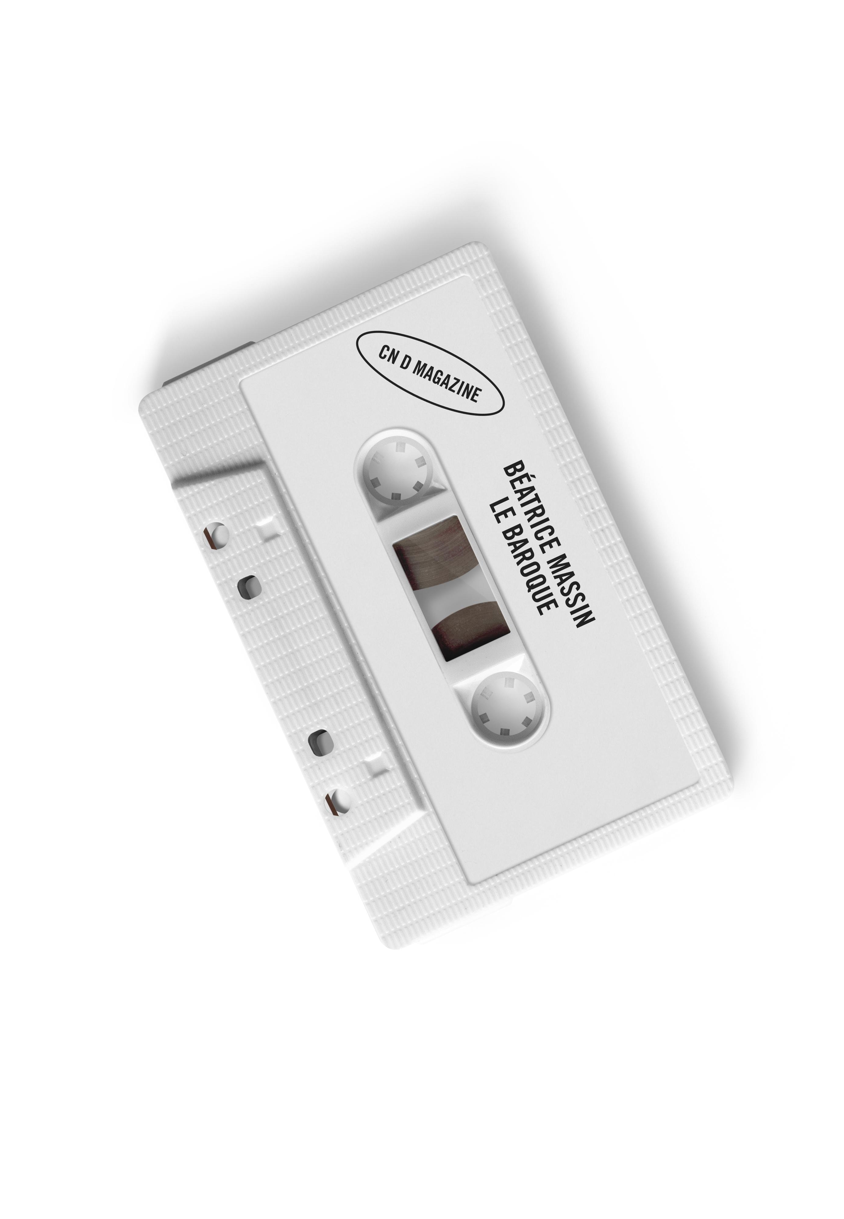 A white audio cassette with the name of Béatrice Massin