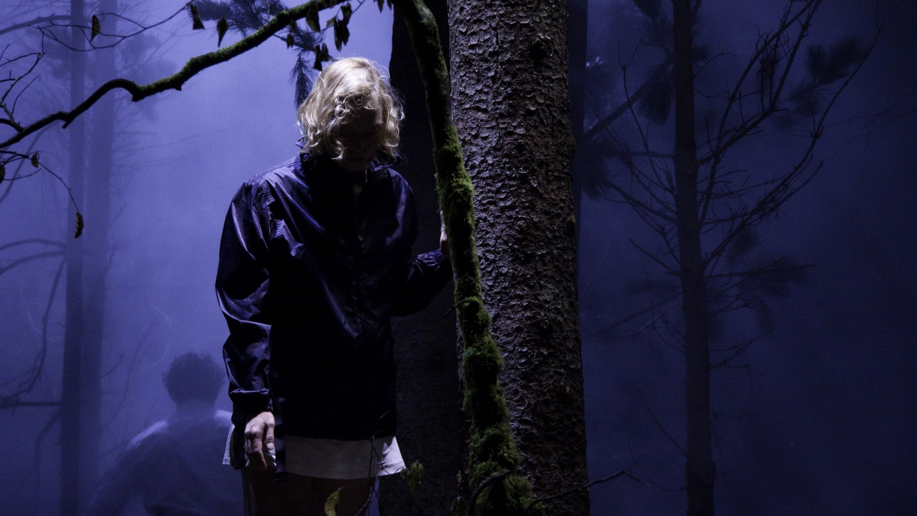 Blond woman in a forest by night