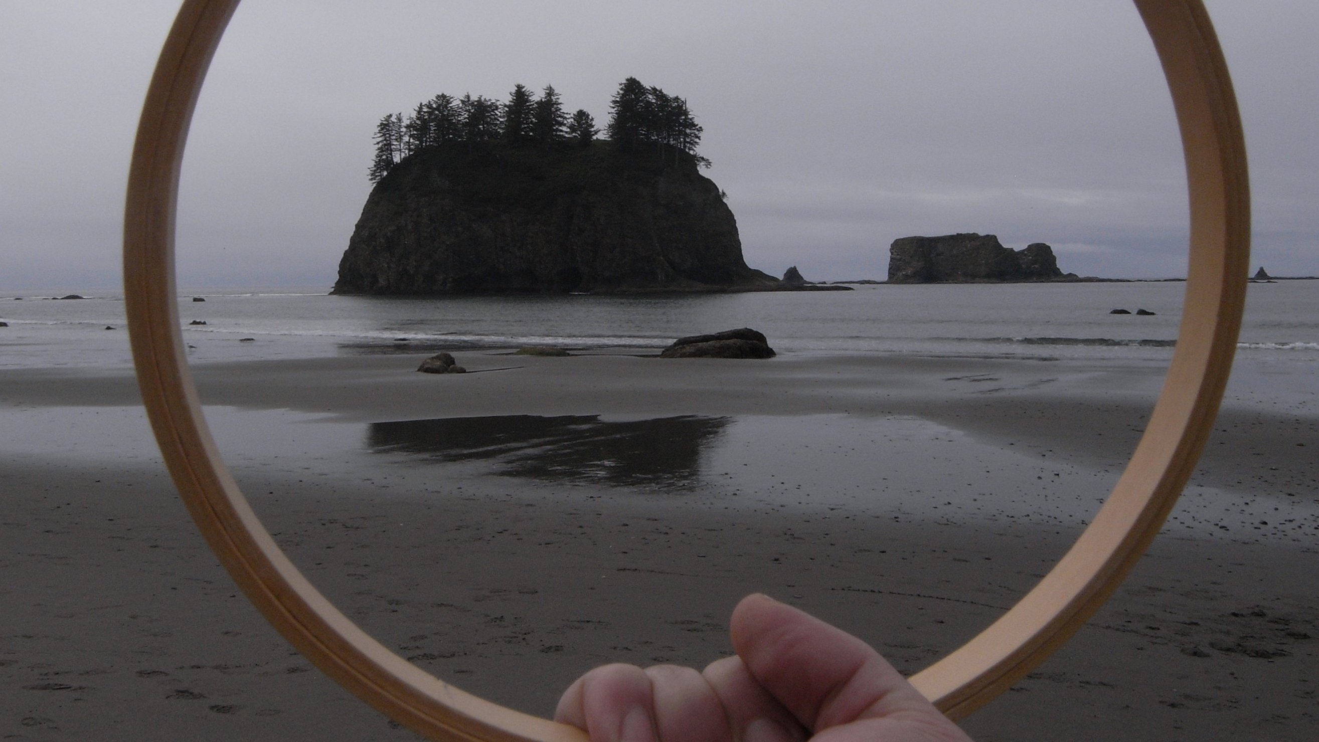 Hand holding a wood circle, with natural landscape behind.