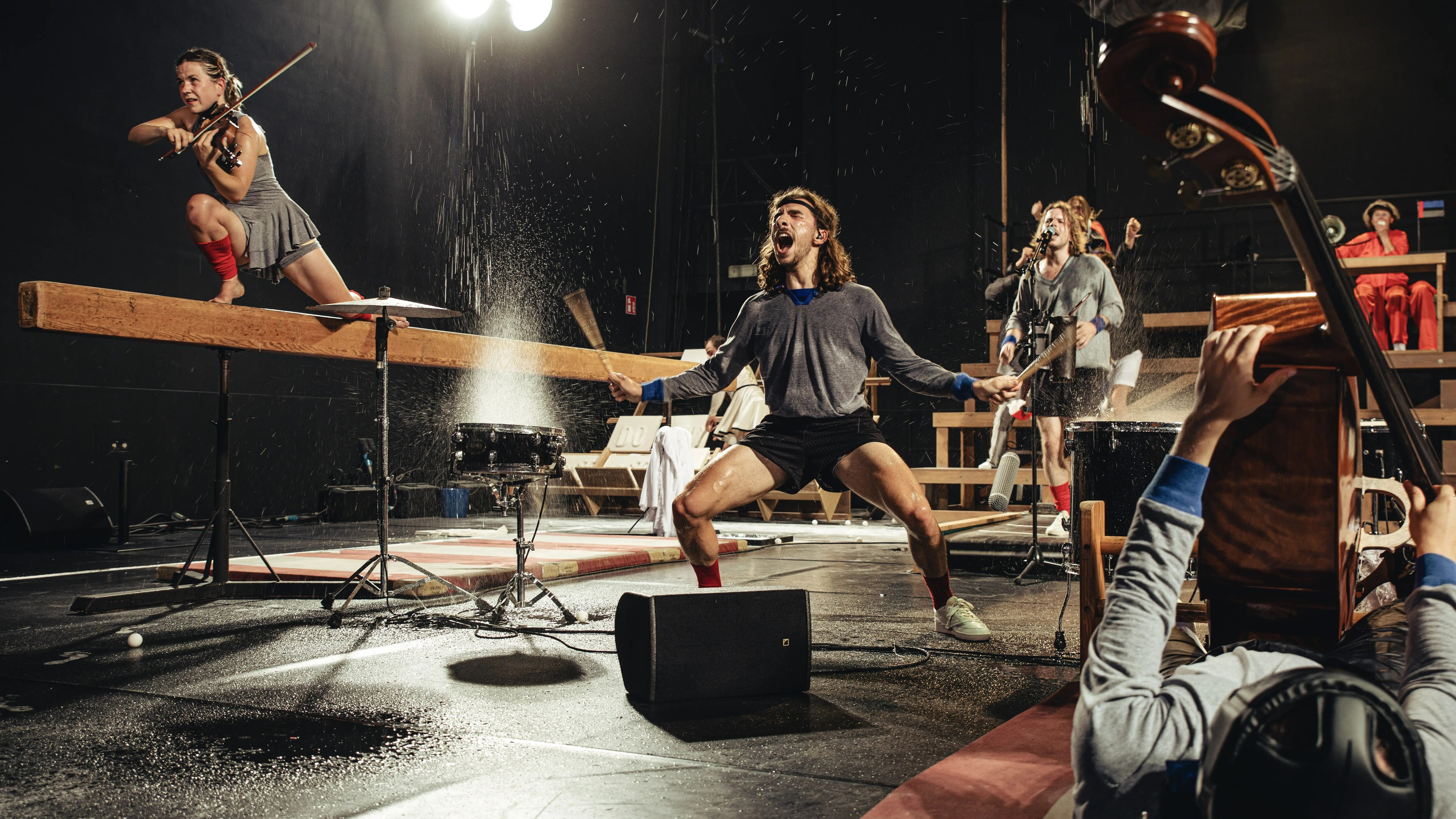 Musicians and dancers in One Song by Miet Warlop.