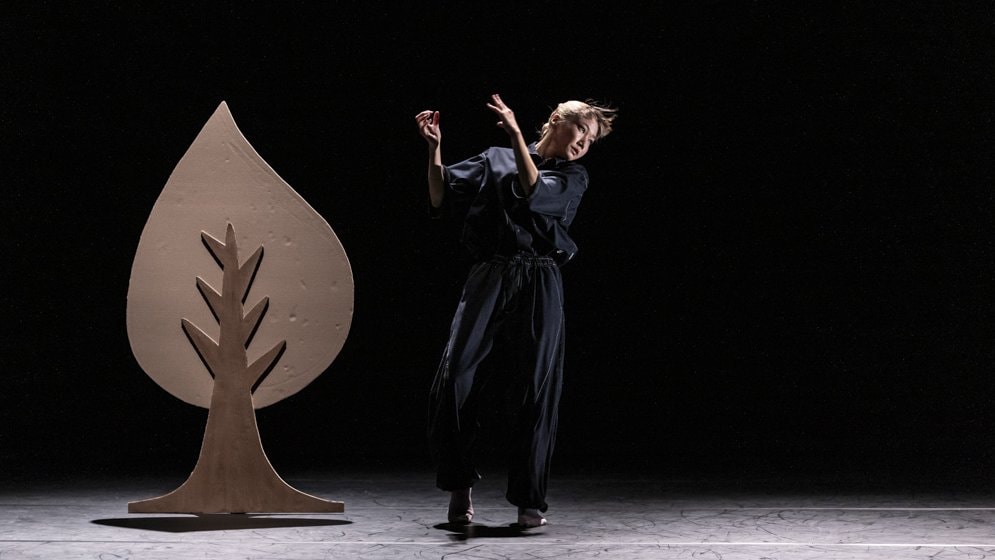 dancer next to a tree in a setting on a black background.