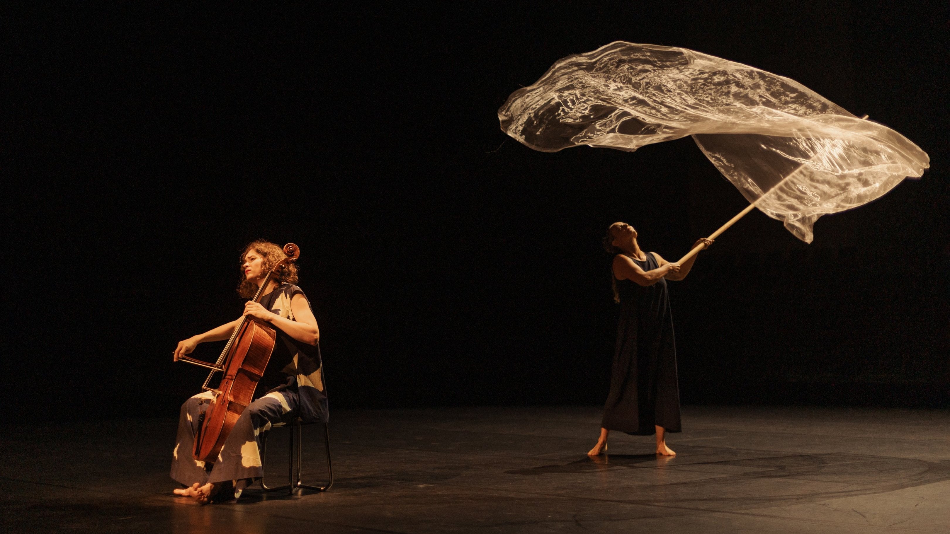 Cellist and dancer in black manipulating a white veil