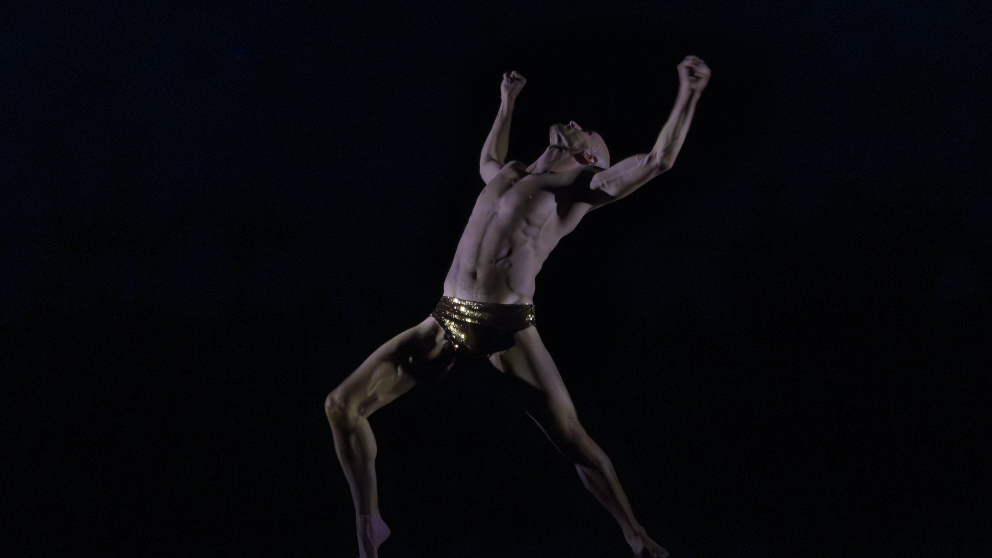 danseur bras levés, sur une scène sombre