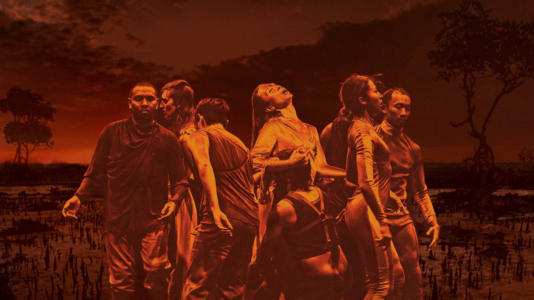 Danseurs en groupe dans un champs, avec un filtre stylisé