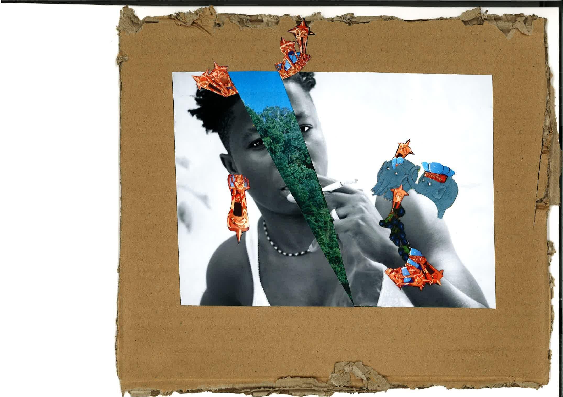 Collage sur carton avec le visage d’une femme