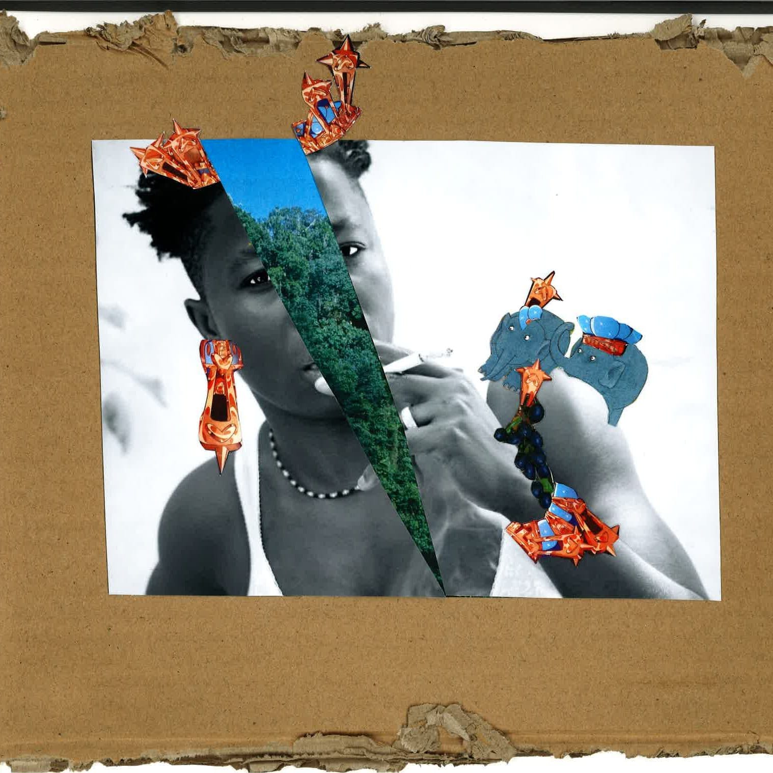 collage on cardboard of a photographic portrait of a woman