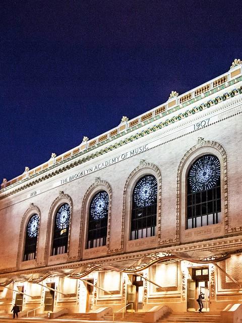 Exterior night view of the facade of Brooklyn Academy of Music