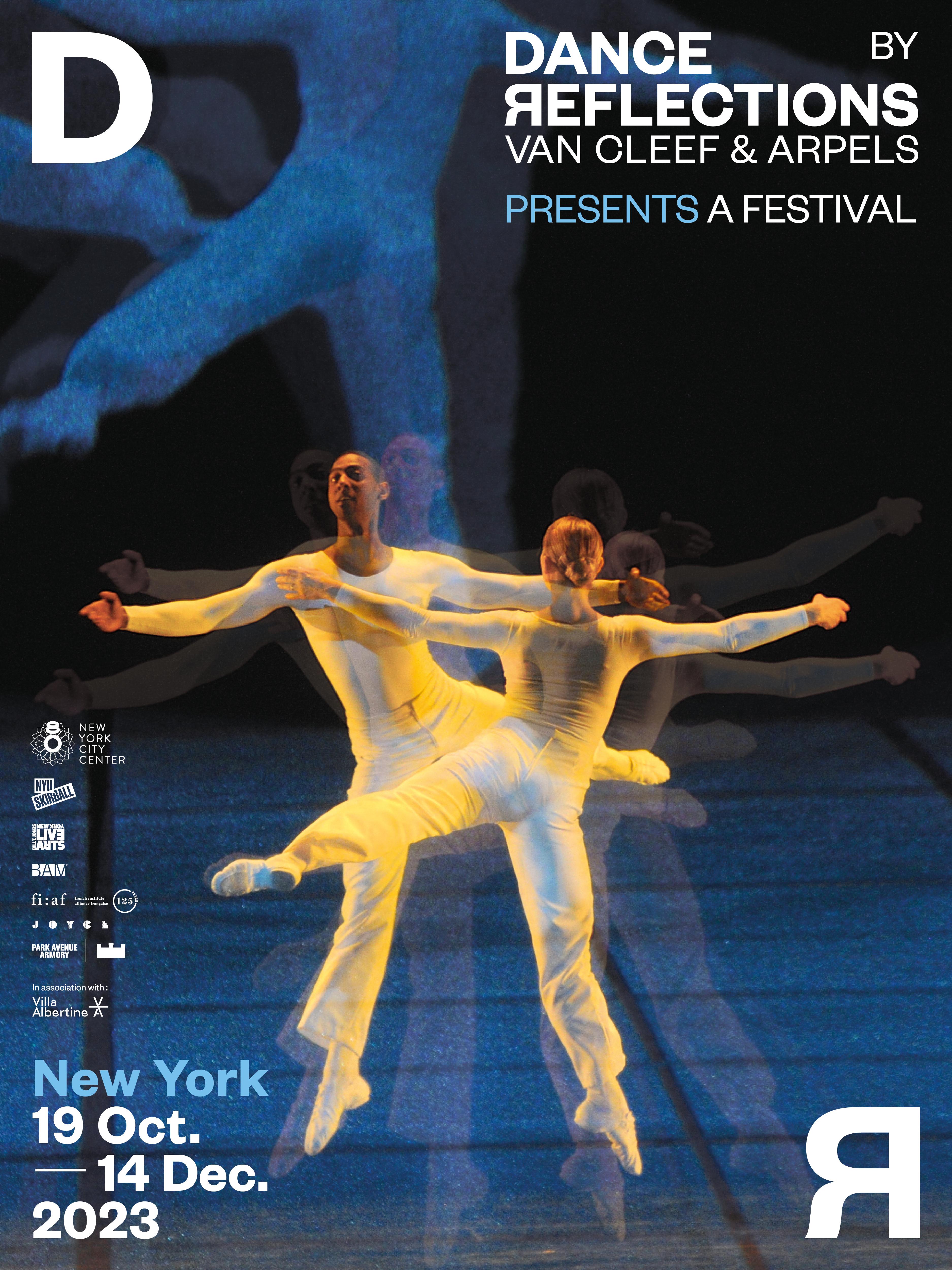 Affiche du festival de New York - deux danseurs se croisent bras et jambe déployés