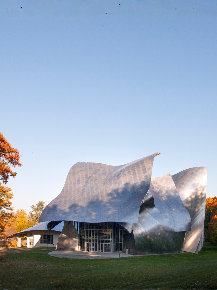 modern building with wavy, metallic silver architecture